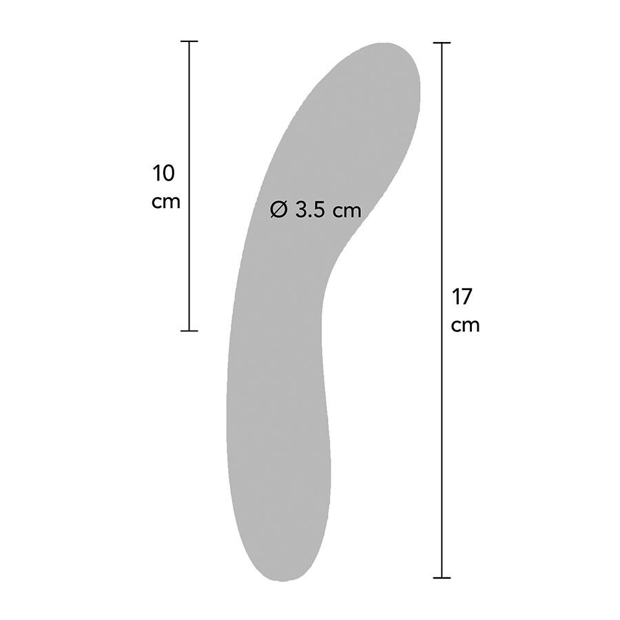 Graue schematische Darstellung eines Vibrators. Maße: 17 cm lang, 3,5 cm Durchmesser, 10 cm breit.