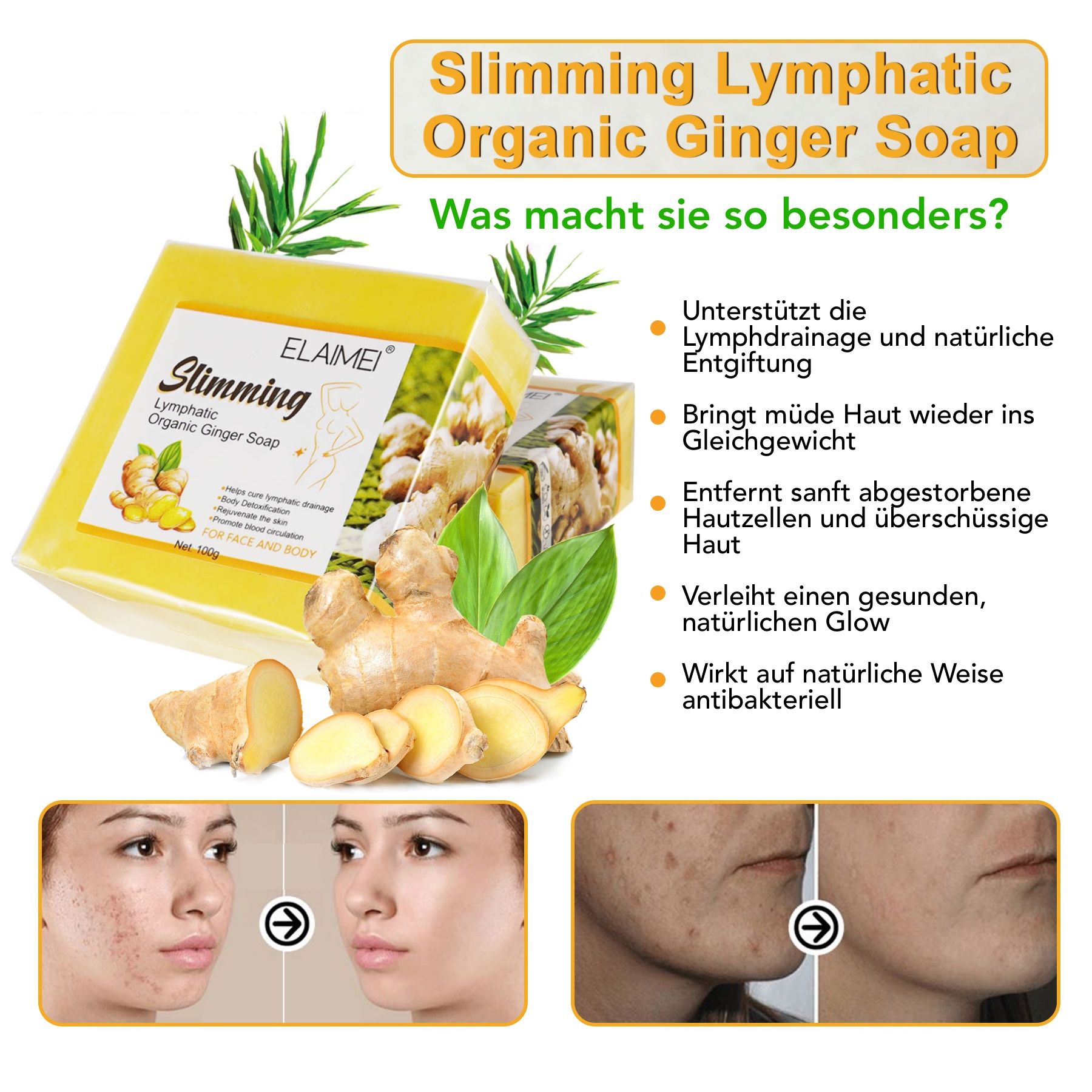 Gelbe Seife, Ingwer und Gesichtsvergleich. Aufschrift: Slimming Lymphatic Organic Ginger Soap.