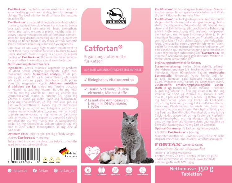 Catfortan Ergänzungsfuttermittel für Katzen: Verpackung mit Produktinformationen, enthält Taurin, Vitamine, Aminosäuren.