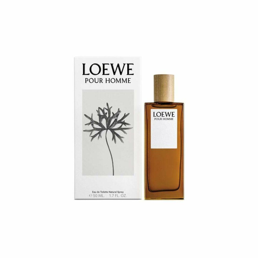 Braune Glasflasche mit Holzverschluss und Verpackung. Auf der Verpackung und dem Etikett steht "LOEWE POUR HOMME".