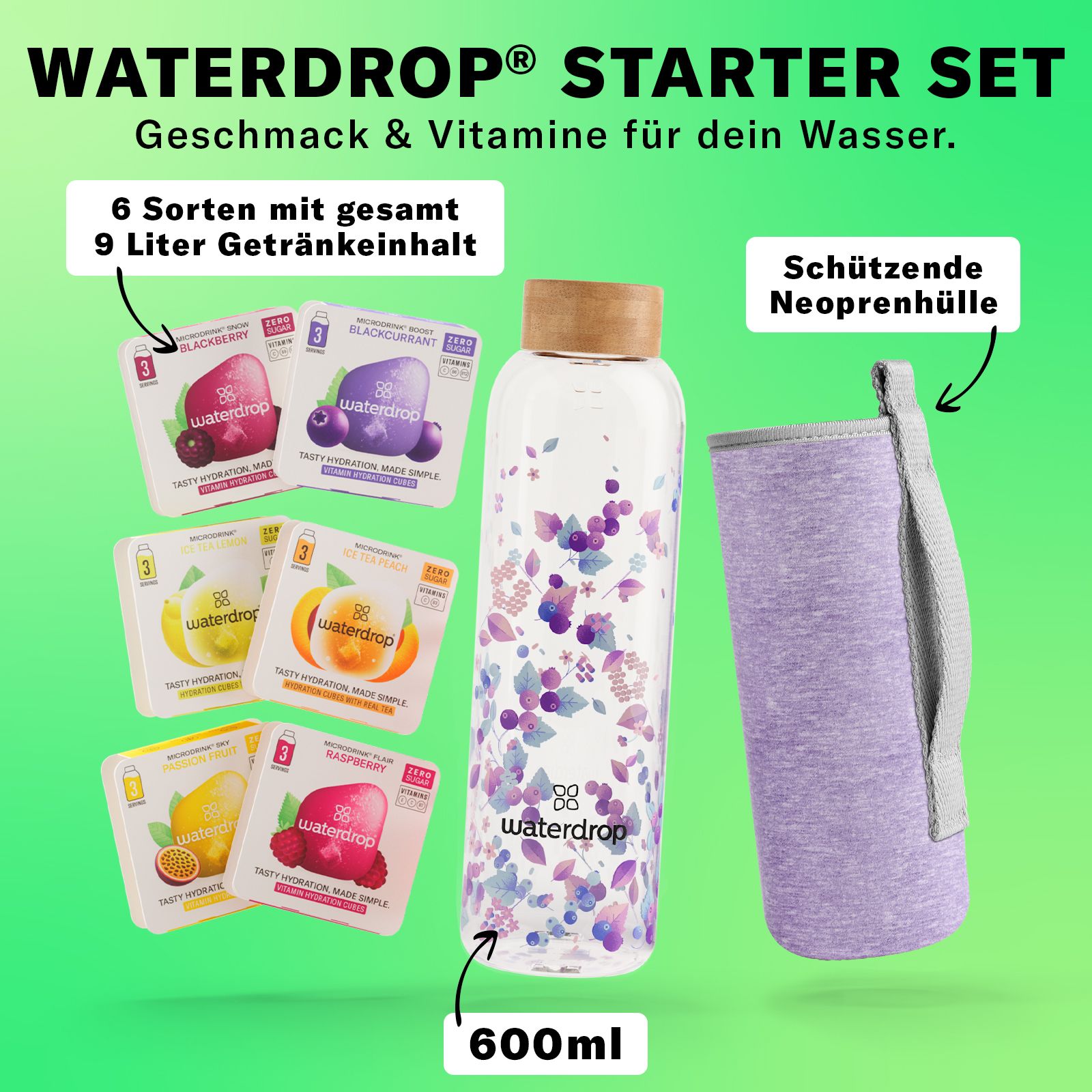 waterdrop® Starter Set Glass – 600ml Glasflasche + 18 Würfel – Vitamine, vegan, zuckerfrei