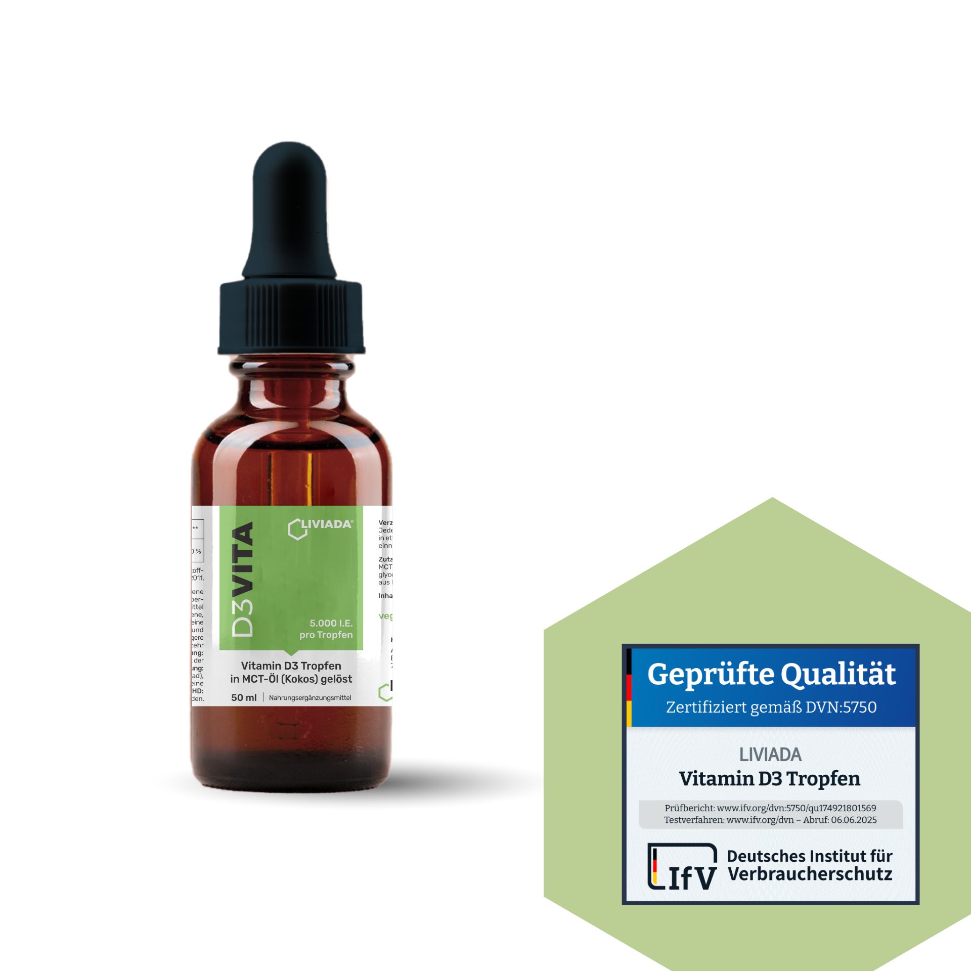 Braune Glasflasche mit schwarzem Deckel und Pipette. Grünes Etikett mit Text: D3VITA, Vitamin D3 Tropfen. Zertifizierung: Geprüfte Qualität.