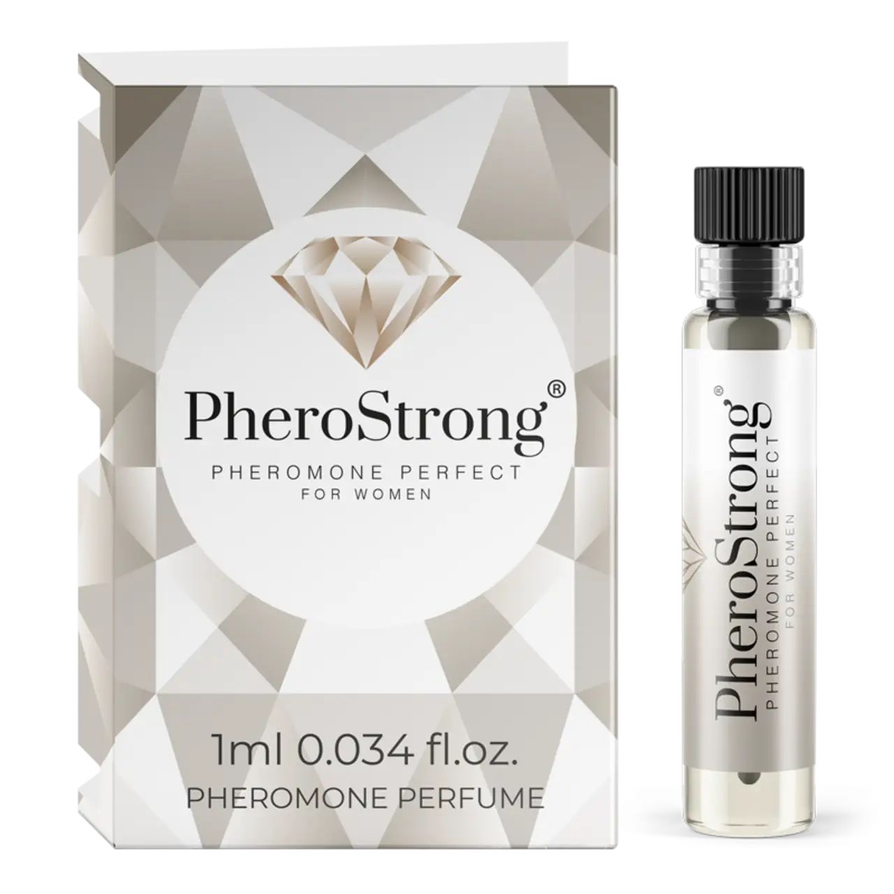 Karton und Flakon. Auf dem Karton: PheroStrong, Pheromone Perfect for Women, 1ml. Flakon mit schwarzem Verschluss, Produktname aufgedruckt.