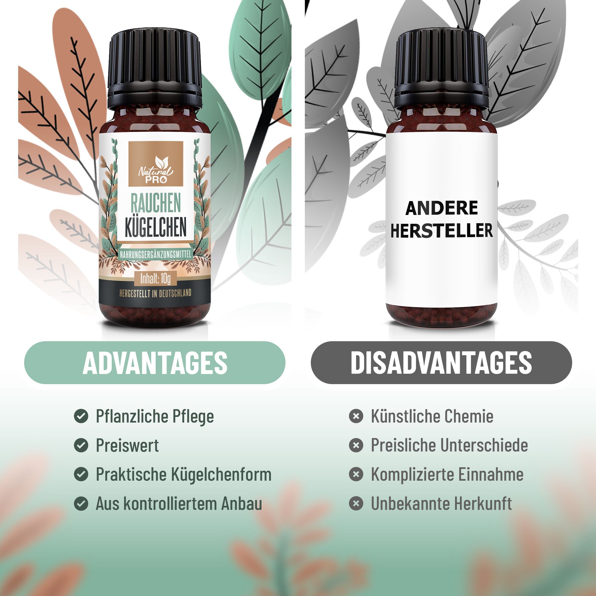 Zwei Flaschen mit dem Produkt "Rauchen Kügelchen". Links: Vorteile, rechts: Nachteile. Text auf Deutsch.