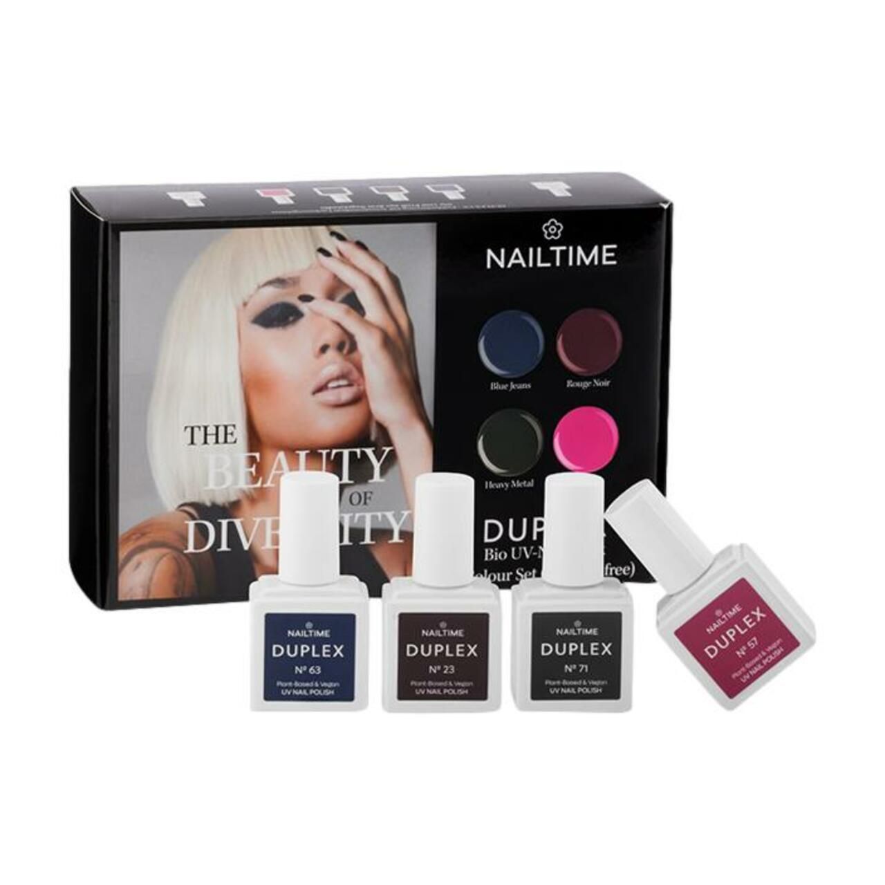 Nailtime Duplex Diversity Collection. Schwarze Box mit Frauengesicht. Vier Nagellackfarben. Drei Flaschen stehen, eine liegt.