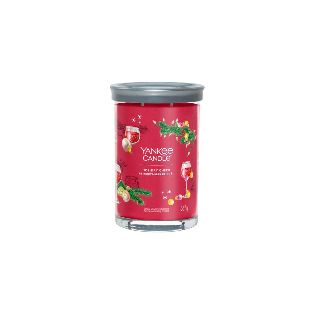 Roter Yankee Candle Tumbler mit Deckel. Aufschrift: Holiday Cheer. Dekorative Elemente und 567g.