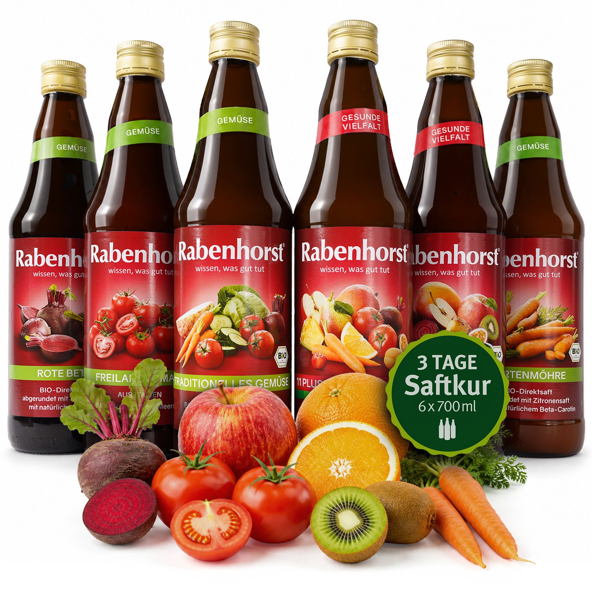 Rabenhorst Klarer Rhythmus Saft in einem Glas, mit Icons für Portionen, Menge, Zeit und Dauer.