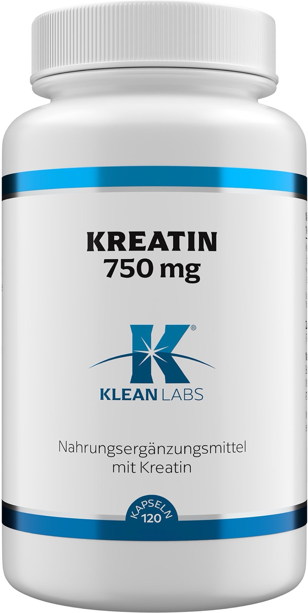 Weiße Kapsel-Flasche mit blauem Etikett: KREATIN 750 mg, Klean Labs Logo, 120 Kapseln.