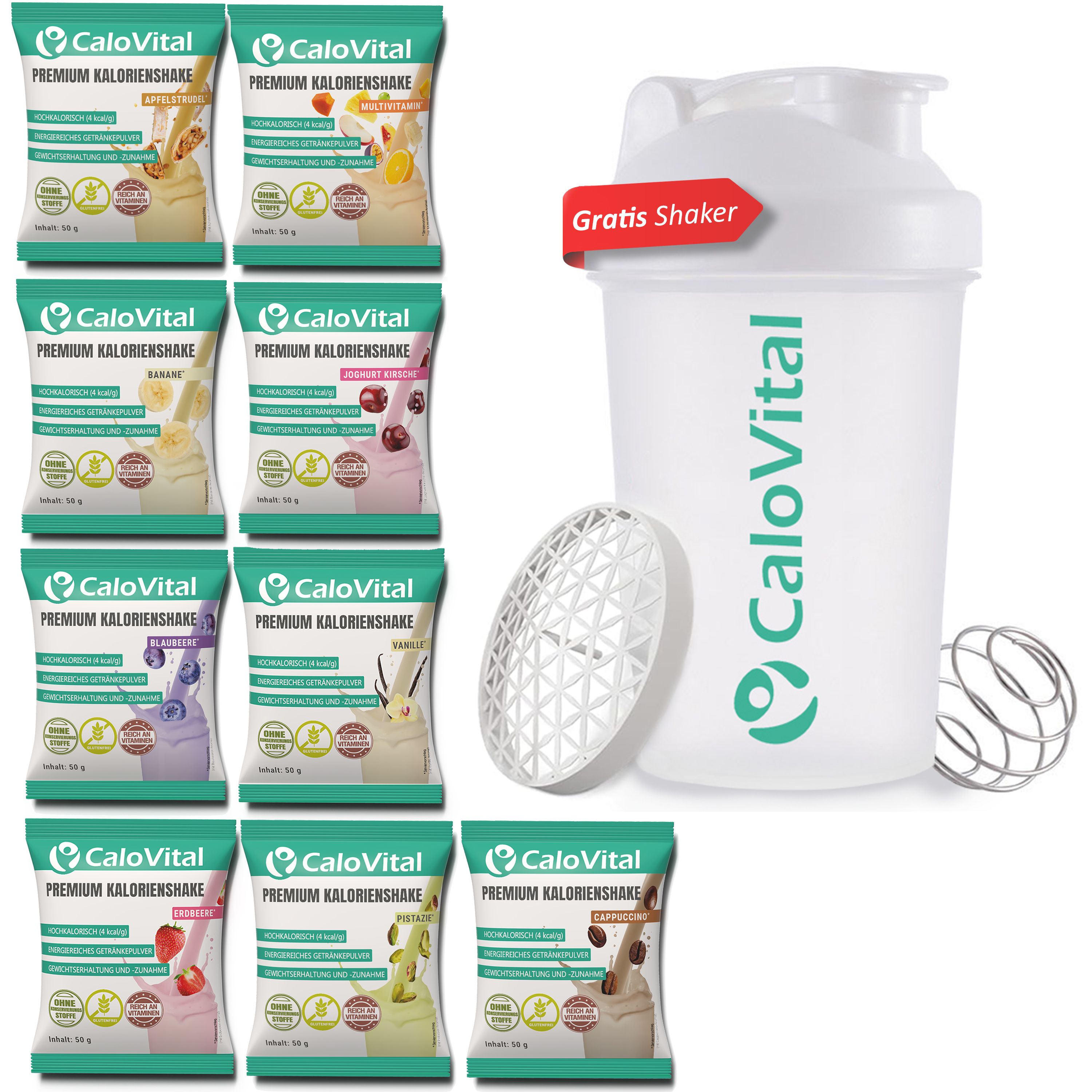 Neun Beutel CaloVital Premium Kalorienshake in verschiedenen Geschmacksrichtungen. Inklusive Shaker mit Aufschrift 'Gratis Shaker'.