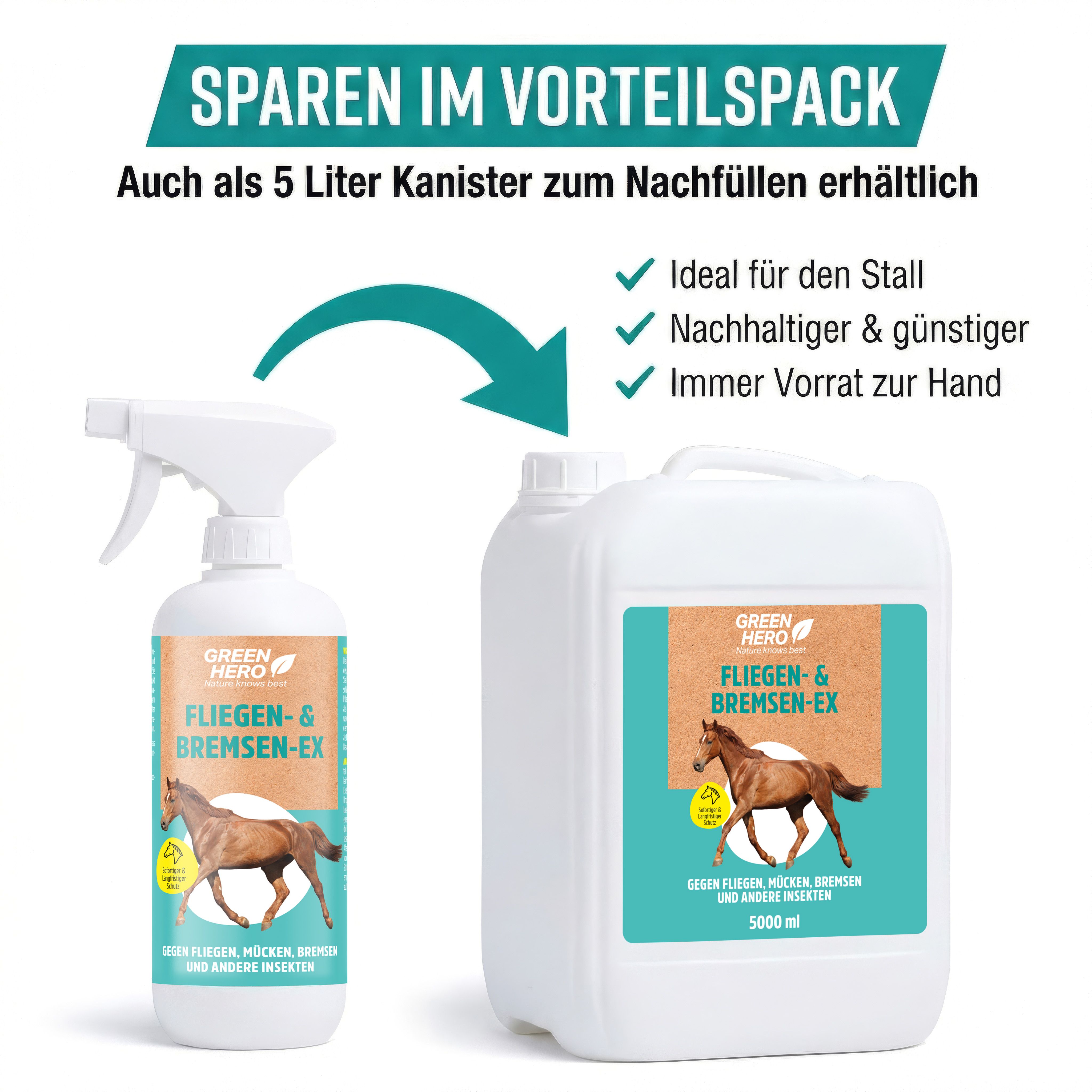 Pferdespray-Flasche und 5-Liter-Kanister. Text: Sparen im Vorteilspack. Ideal für den Stall, nachhaltiger & günstiger, immer Vorrat zur Hand.