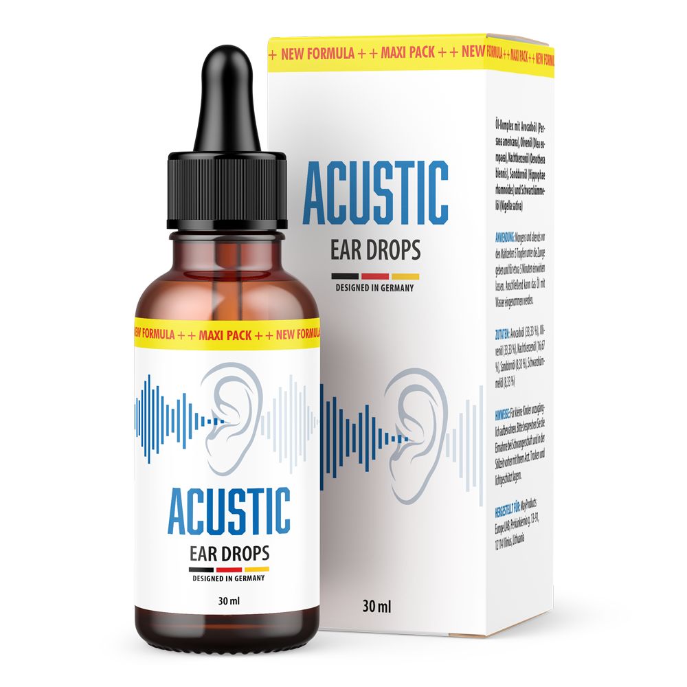 Braune Flasche mit schwarzem Tropfer und weißer Verpackung. Aufschrift: ACUSTIC EAR DROPS, 30 ml. Design: Ohr mit Schallwellen.