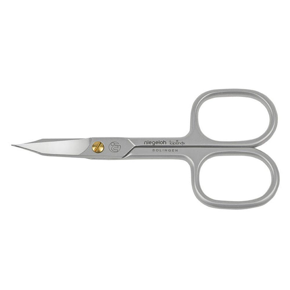 Silberne Kombinationsschere mit abgerundeten Griffen. Goldfarbene Schraube. Marke Niegeloh Solingen.