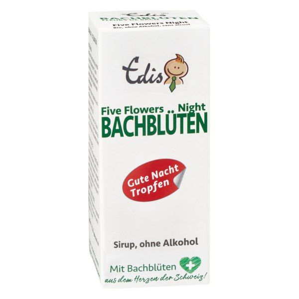 Weiße Verpackung mit Produktnamen, Marke Edis und Five Flowers Night. Roter Aufkleber mit 'Gute Nacht Tropfen'. Text in Deutsch.