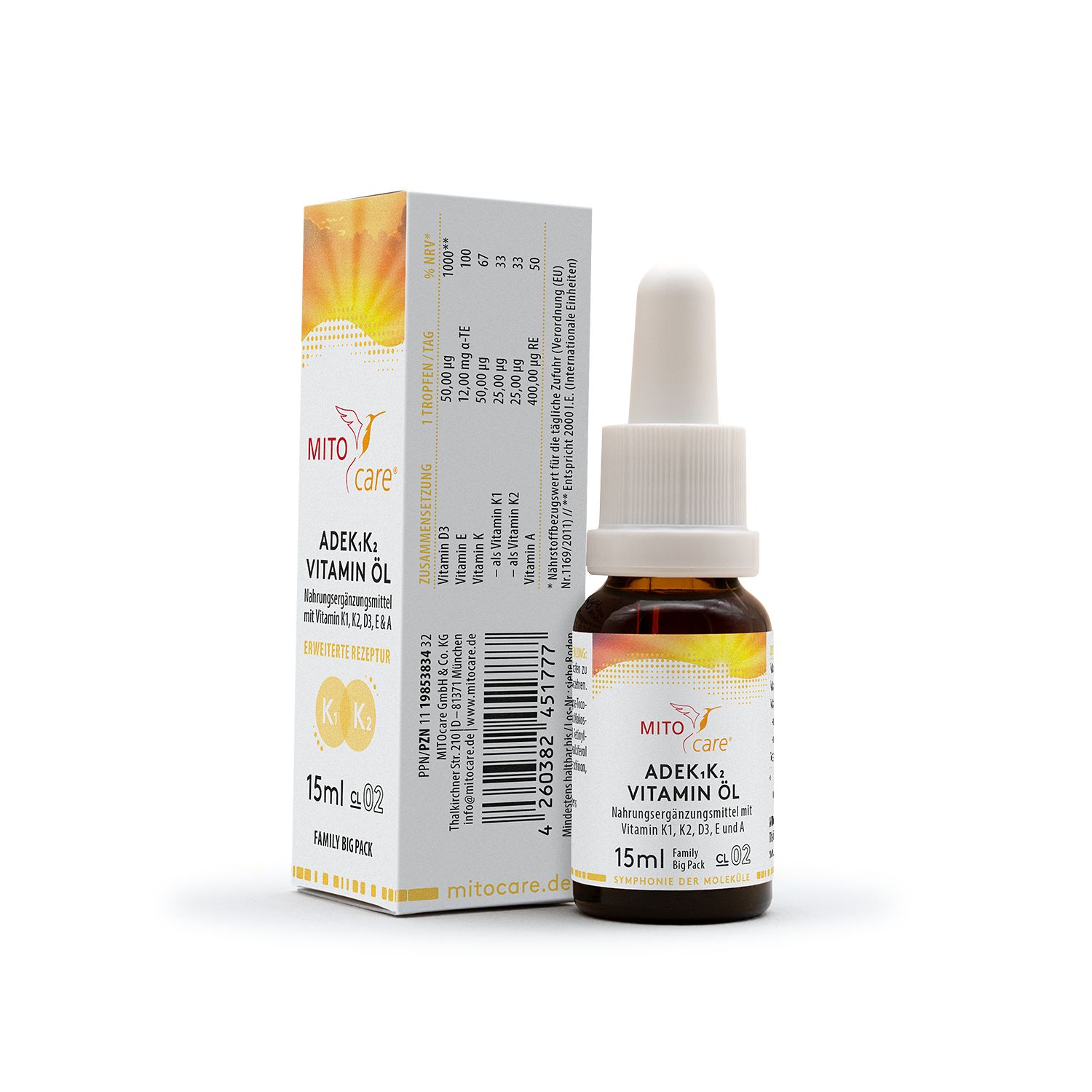 MITOcare ADEK-K Vitamin Öl: Rückseite der Faltschachtel mit Nährwertangaben und Flasche. Enthält K2. 15ml.