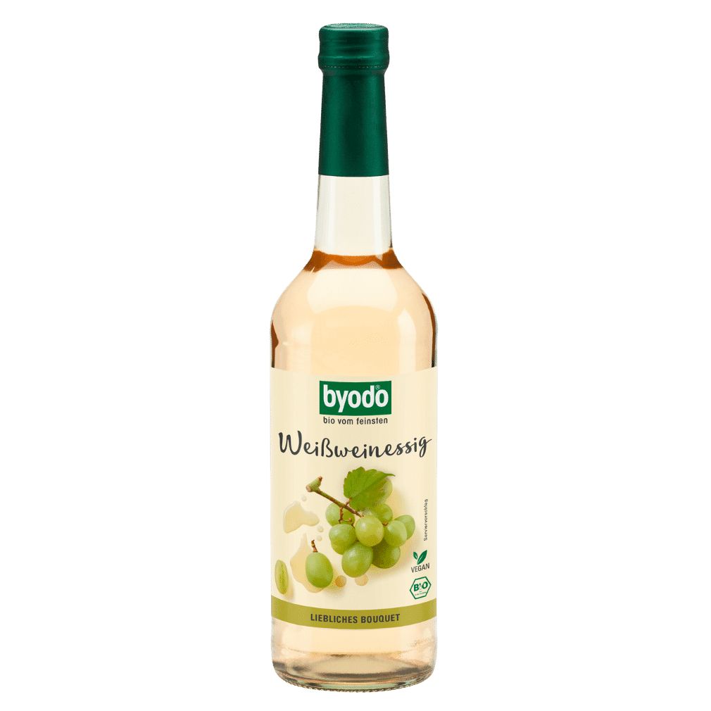 Glasflasche mit grünem Verschluss. Aufschrift: BYODO, Weissweinessig, Bio-Siegel, Trauben-Illustration.