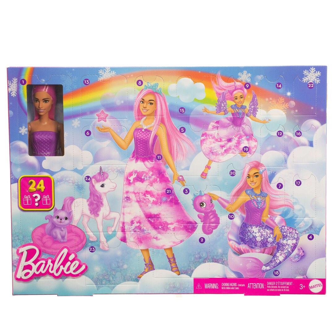 Calendario dell'Avvento Mattel Barbie con fashion doll e 24 accessori a sorpresa con unicorno e anim
