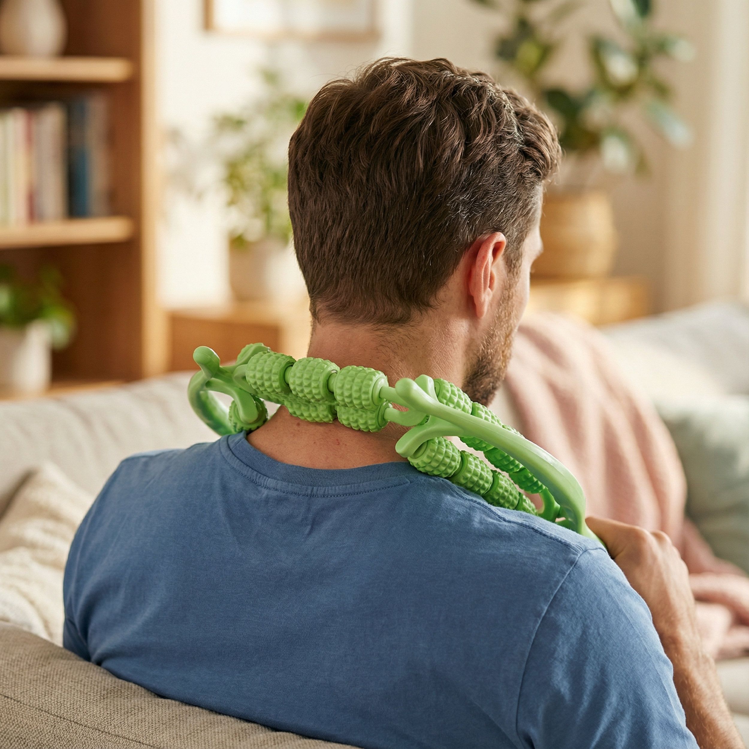 Grüne Massagerolle mit Griffen, Anwendung am Nacken. Mann sitzt auf Sofa.