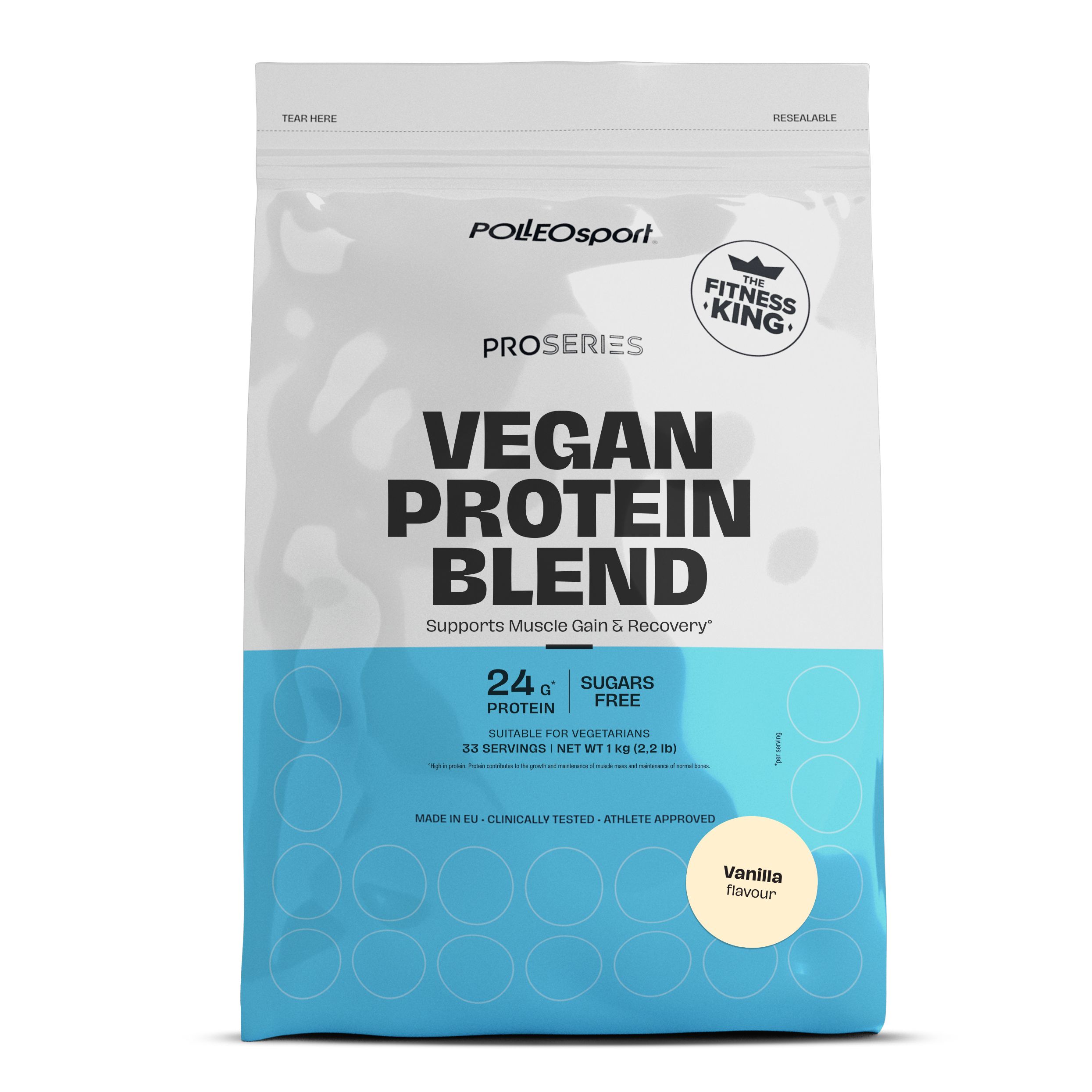 Beutel mit Polleo Sport Vegan Protein Blend. Aufschrift: Vegan Protein Blend, 24g Protein, zuckerfrei. Geschmack: Vanille.