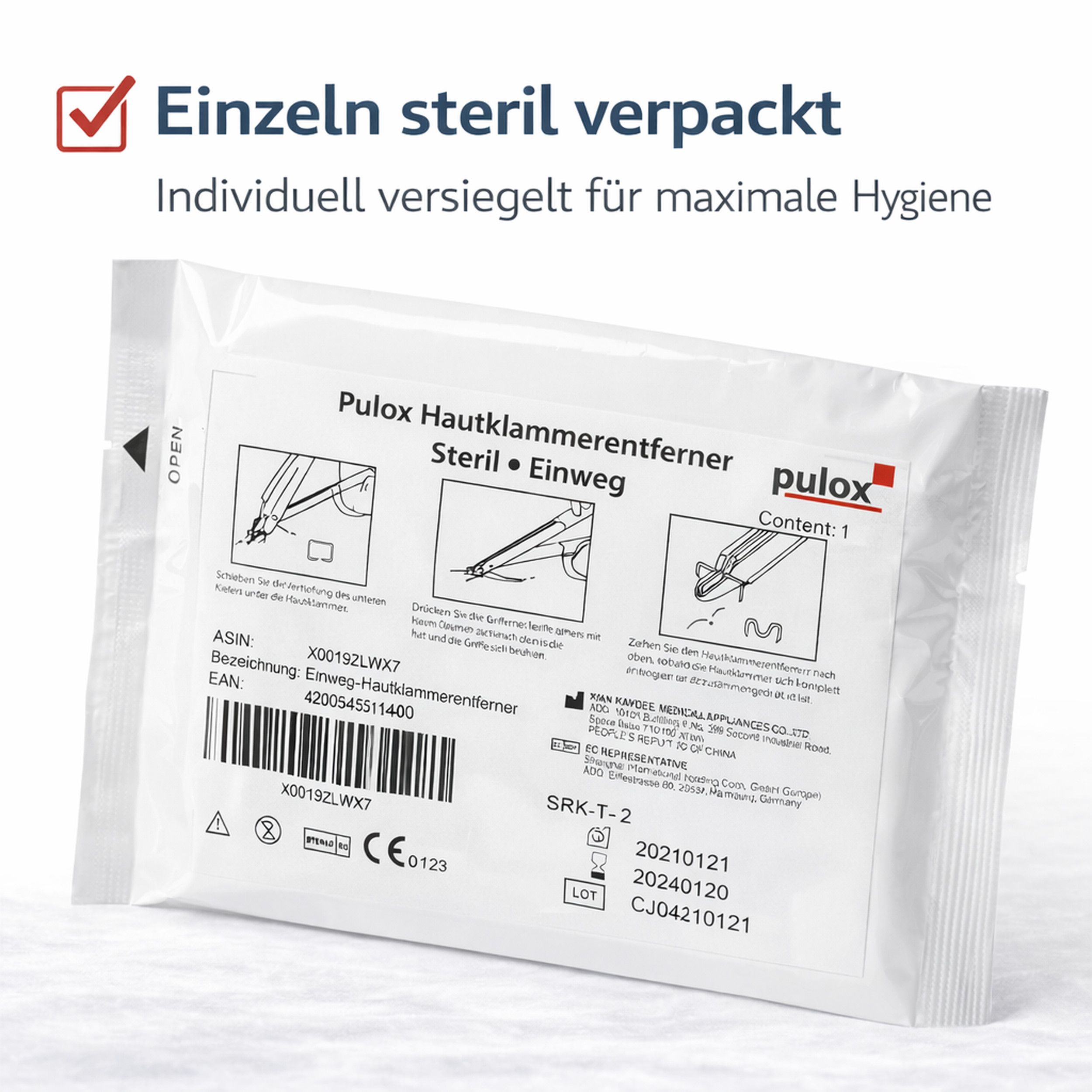Einzeln steril verpackter Hautklammerentferner. Marke Pulox. Verpackung mit Produktinformationen und CE-Kennzeichnung.