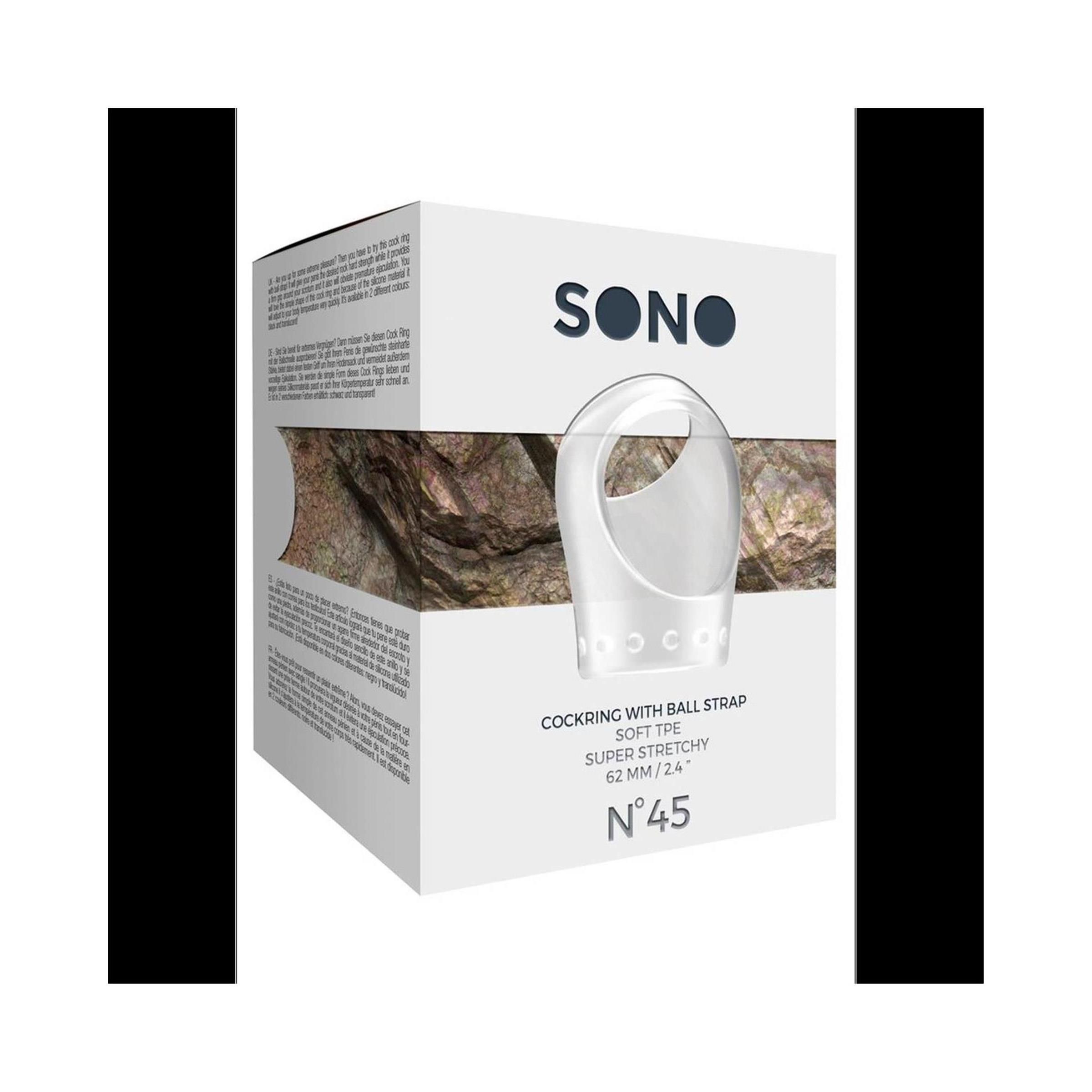 Verpackung von Sono Cockring mit Ball Strap. Weißer Karton mit Produktnamen und Details. Größe 62 mm/2A. N°45.