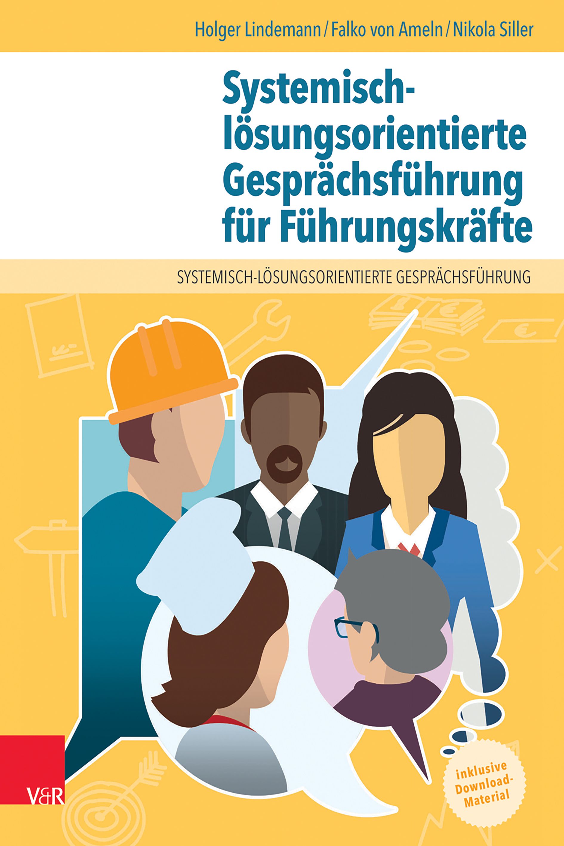 Buchcover mit Titel: Systemisch-lösungsorientierte Gesprächsführung für Führungskräfte. Illustration von Personen.
