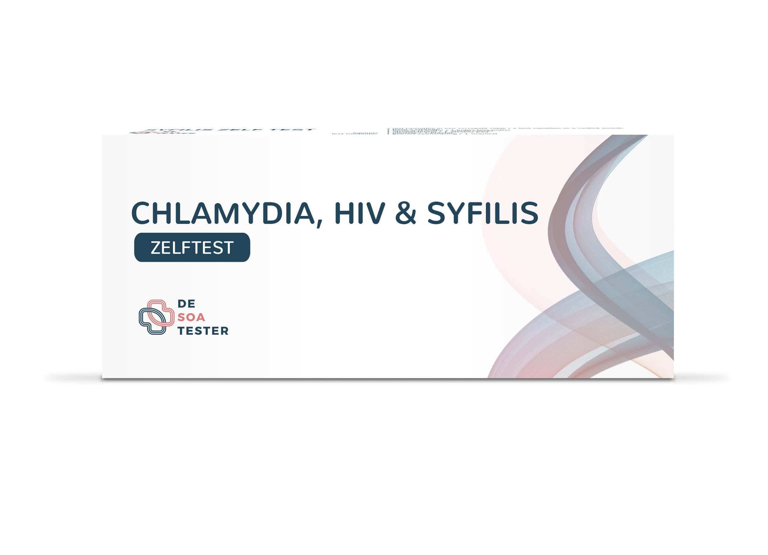 Chlamydien, HIV & Syphilis Selbsttest-Box mit Logo 'DE SOA TESTER'.