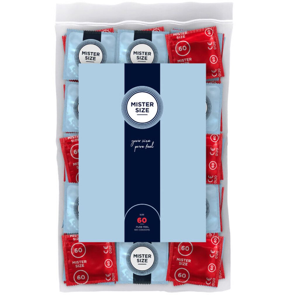 Verpackung mit Kondomen. Sichtbar sind Kondome in Rot und Blau mit der Aufschrift "Mister Size 60". Die Verpackung ist transparent.