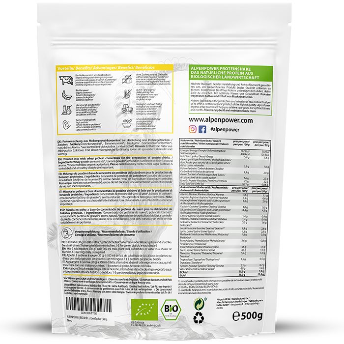 Beutel mit AlpenPower Bio Whey Protein. Aufdruck: Bio-Siegel, 500g, Bananengeschmack. Rückseite mit Nährwertangaben und Text.