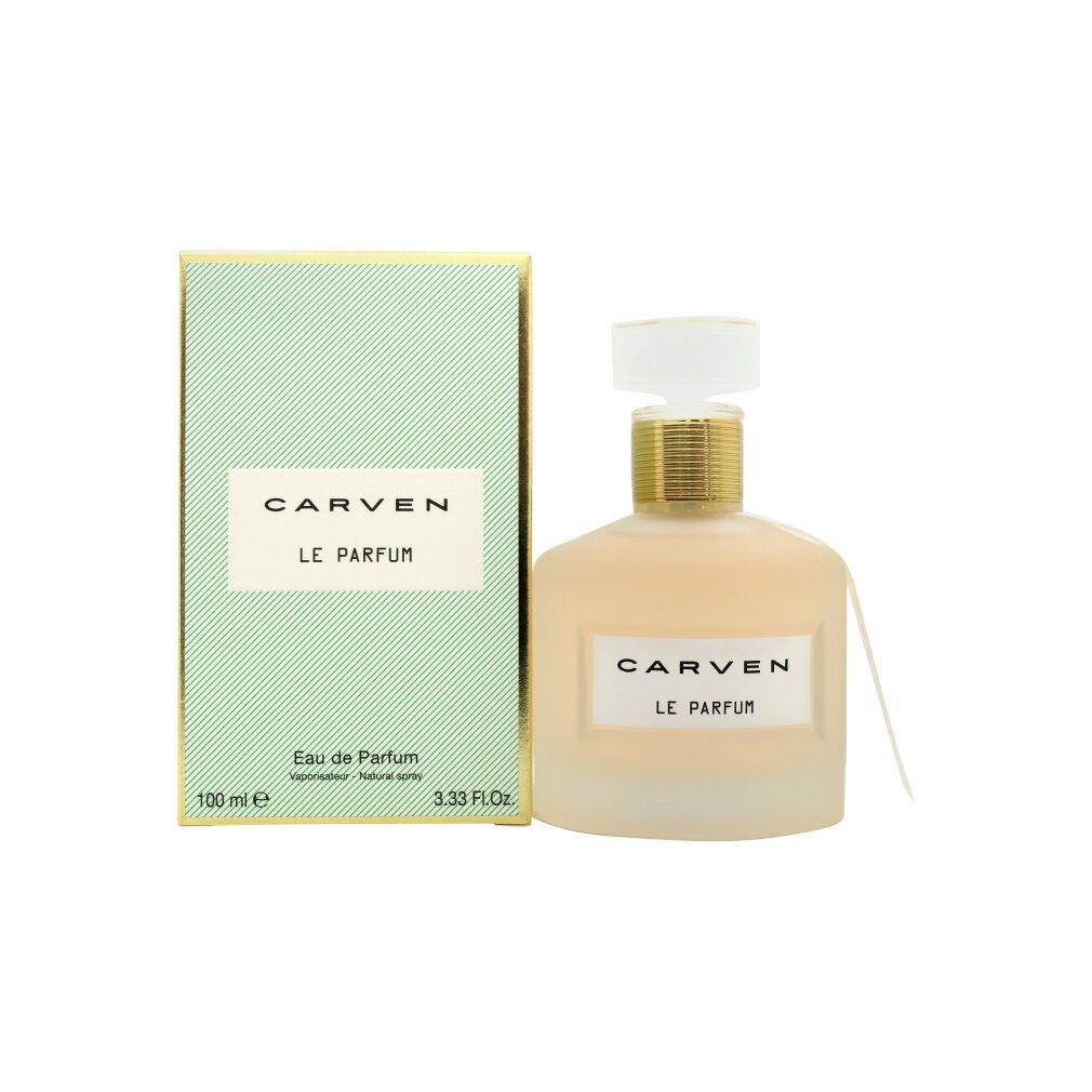 Parfümflakon und Verpackung. Aufschrift: CARVEN LE PARFUM. Flakon mit weißem Etikett. Grüne Verpackung.