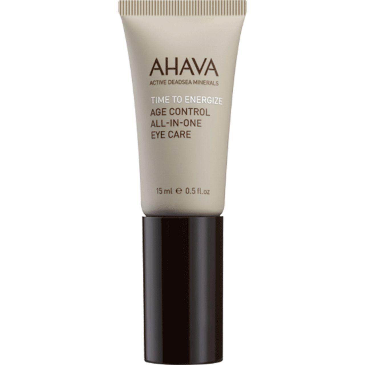 Creme-Tube AHAVA TIME TO ENERGIZE AGE CONTROL ALL-IN-ONE EYE CARE. Grauer Deckel, beige Tube.