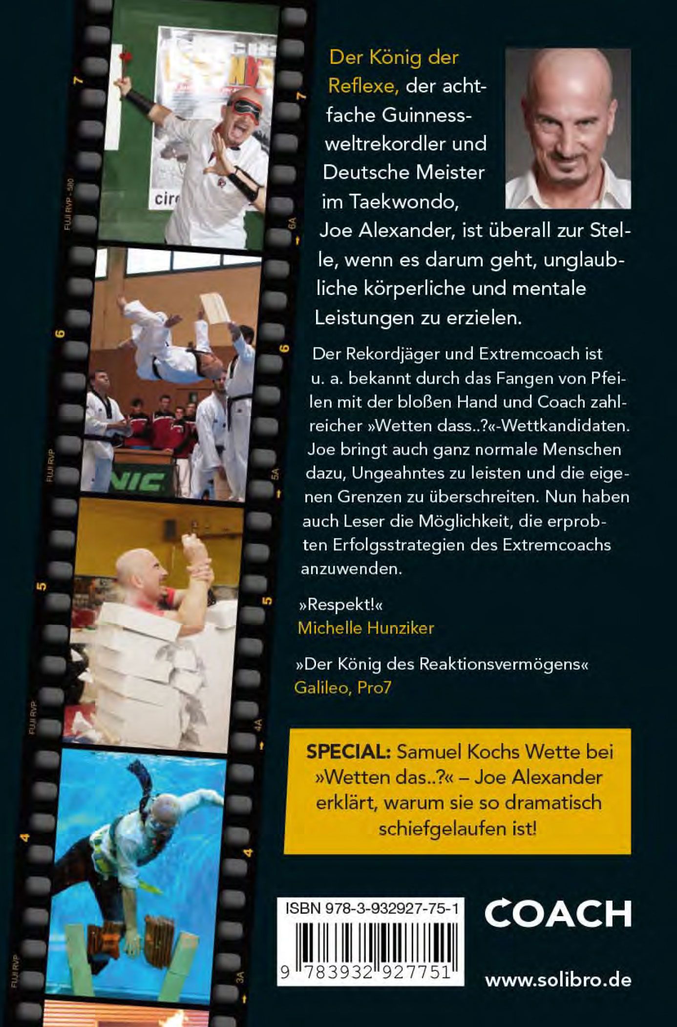 Buchrückseite: Joe Alexander, Fang den Pfeil! Text und Fotos. Zitat von Michelle Hunziker. Logo von Solibro.