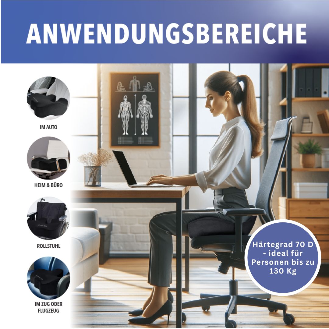 Frau sitzt an einem Schreibtisch. Anwendungsbereiche des Kissens: Auto, Büro, Rollstuhl, Flugzeug. Text: Härtegrad 70 D.
