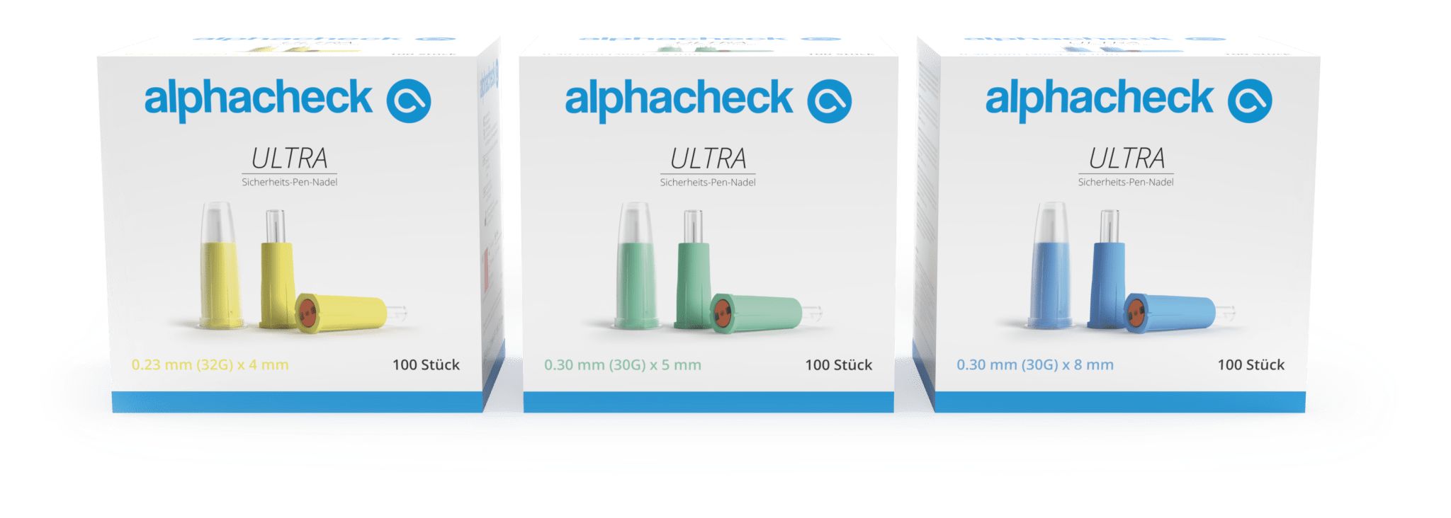 Verpackung mit alphacheck COVER Sicherheits-Pen-Nadeln. 0,25 mm (31G) x 4 mm, 100 Stück. Nadeln in weißer Hülle, grüner Spitze.