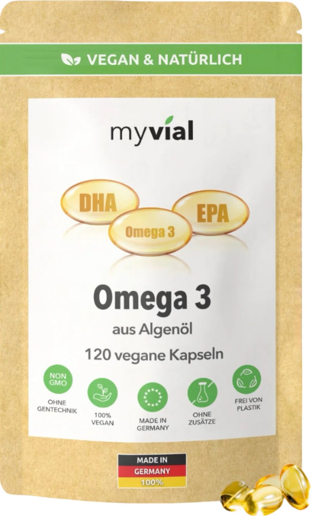 myvial® Omega 3 Kapseln - vegan aus Algenöl EPA & DHA - 600 mg hochdosiert