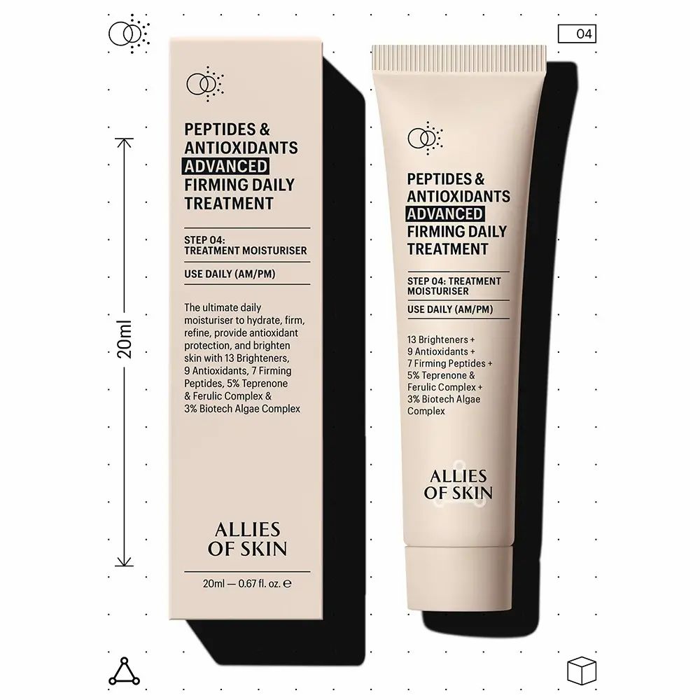 Produktverpackung und Tube mit Text: Peptides & Antioxidants, Advanced Firming Daily Treatment. Marke: ALLIES OF SKIN. 20ml.