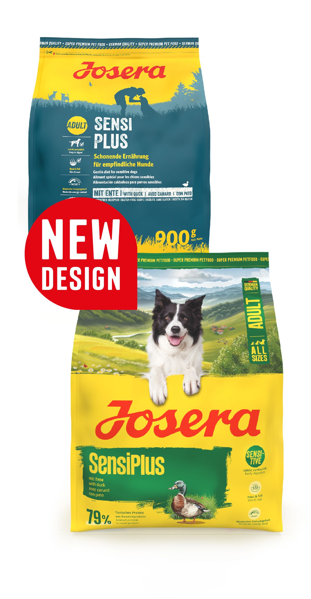 Josera SensiPlus Hundefutter: Zwei Verpackungen, eine neu gestaltet. Gelbe und blaue Beutel mit Hundemotiv.