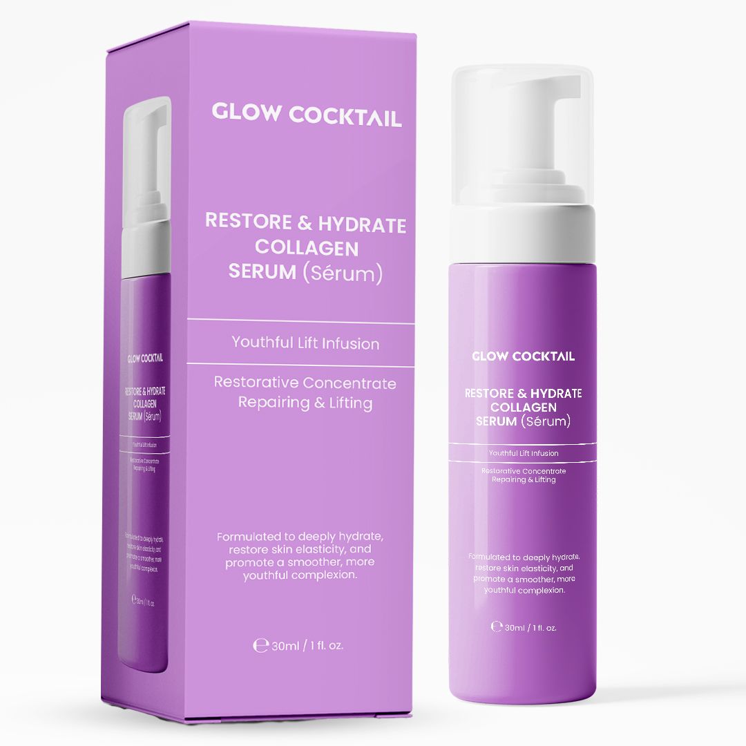 Lila Flasche und Verpackung mit Aufschrift GLOW COCKTAIL, RESTORE & HYDRATE COLLAGEN SERUM. Enthält einen Pumpkopf.