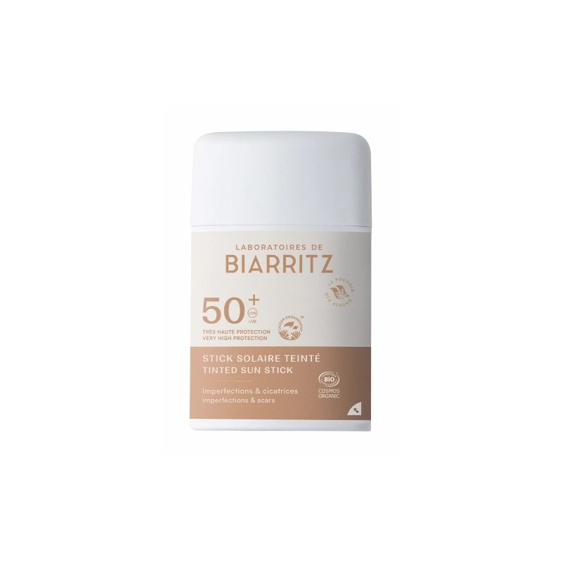 Zylindrischer Sonnenstick mit weißem Deckel. Aufschrift: Laboratoires de Biarritz, LSF 50+, Stick Solaire Teinté, Bio-Zertifizierung.