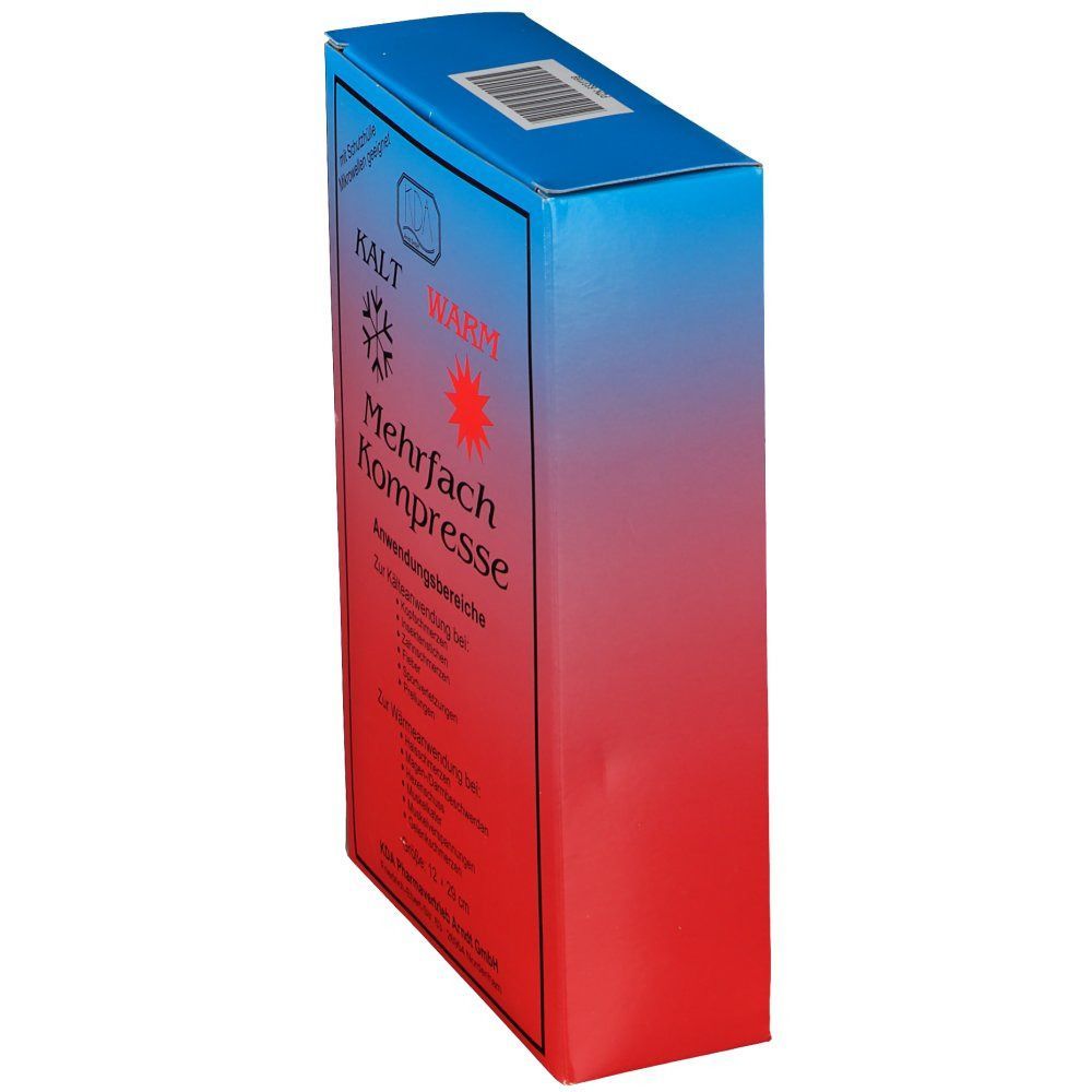 KDA® Mehrfachkompresse-Verpackung. Blau-roter Karton mit Produktnamen und Anwendungsbereichen. Größe: 12 x 20 cm.