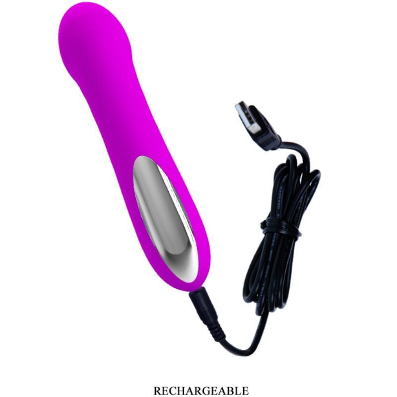 Lila Vibrator mit ovalem Kopf. Ladekabel angeschlossen. Beschriftung: RECHARGEABLE.
