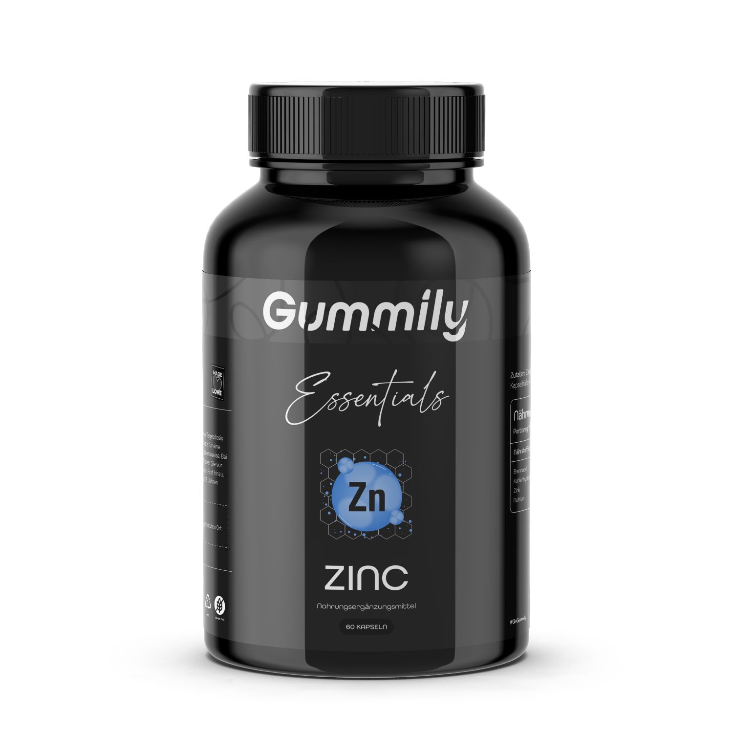 Schwarze Flasche mit Gummily Essentials Zink Kapseln. Aufschrift: Zink, Zn-Symbol, 60 Kapseln.
