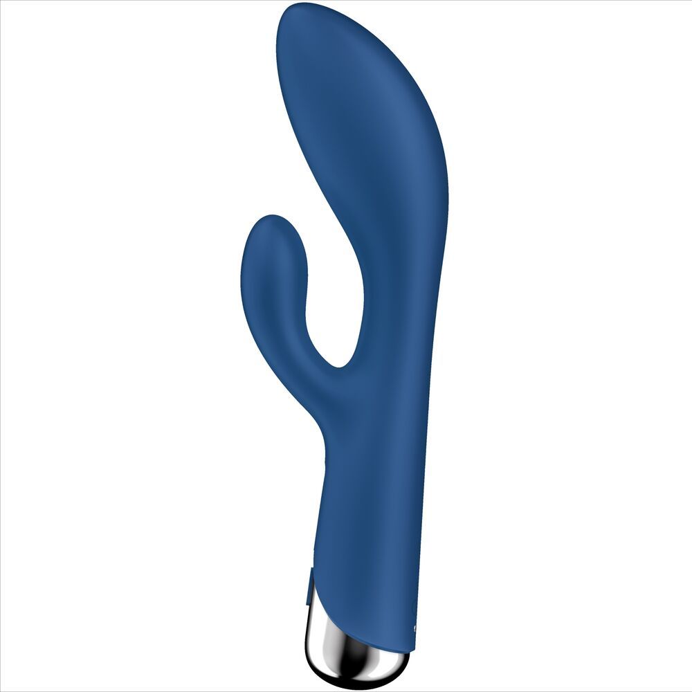 Blauer Vibrator. Silberfarbener Sockel. Form mit gebogenem Element.