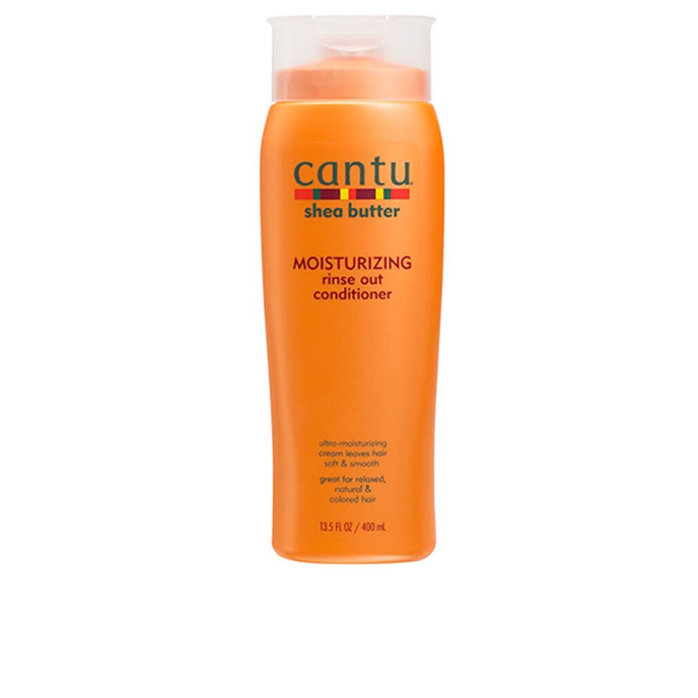 Orangefarbene Flasche mit Cantu Shea Butter Moisturizing Rinse Out Conditioner-Etikett. Enthält 13,5 fl oz / 400 ml.