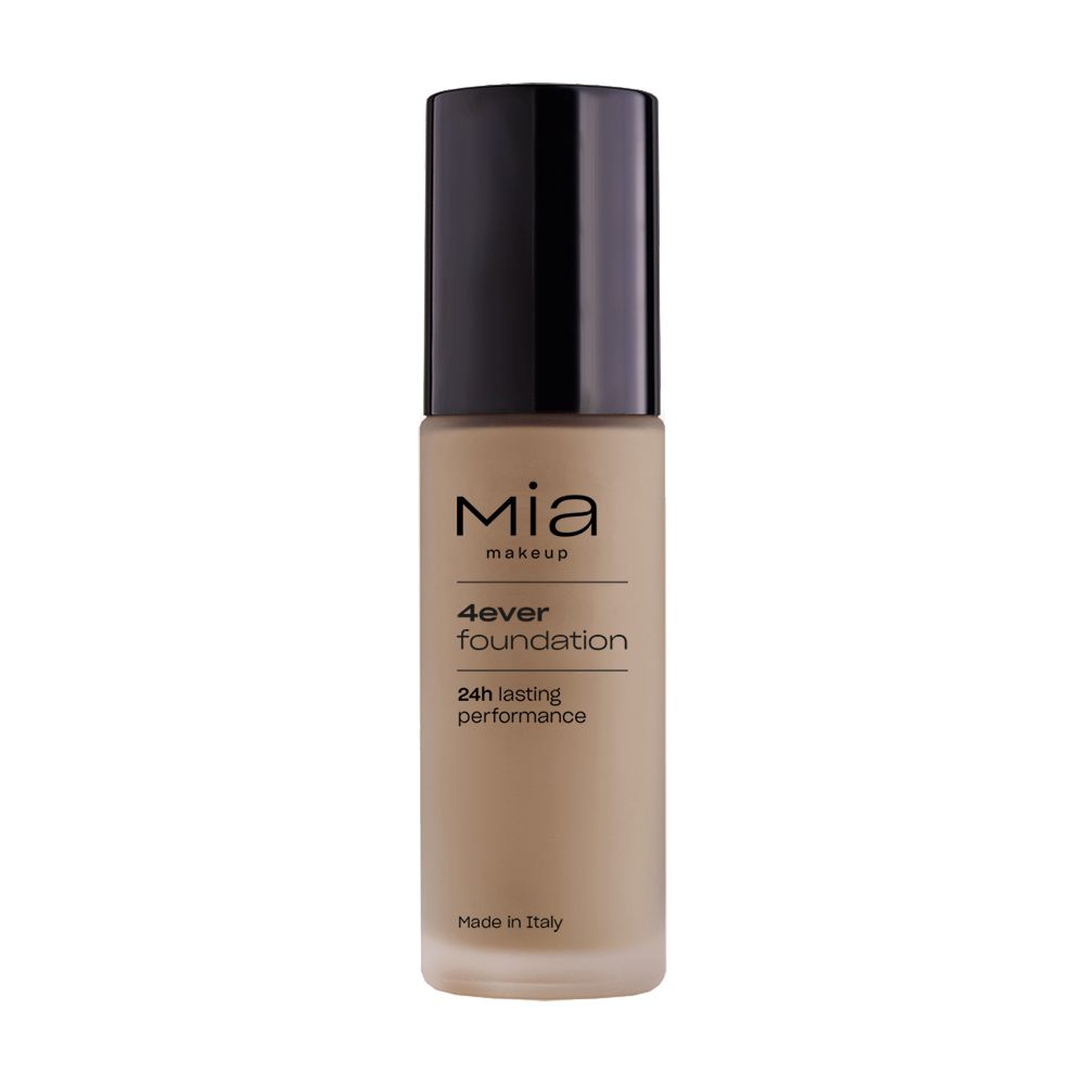 Fondotinta Mia Makeup 4ever in flacone di vetro con tappo nero. L'etichetta riporta "Mia Makeup", "4ever foundation" e "24h lasting performance". La tonalità è beige chiaro. Prodotto in Italia.