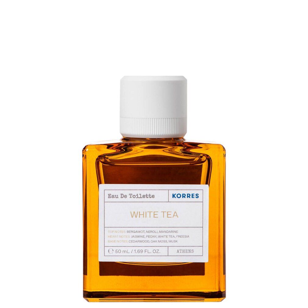 KORRES Eau de Toilette White Tea in bernsteinfarbener Glasflasche mit weißem Verschluss. Etikett mit Produktinformationen.