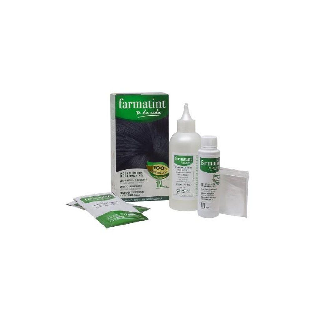 Farmatint Haarfarbset mit Box, Applikatorflasche, Entwicklerflasche und Beuteln.