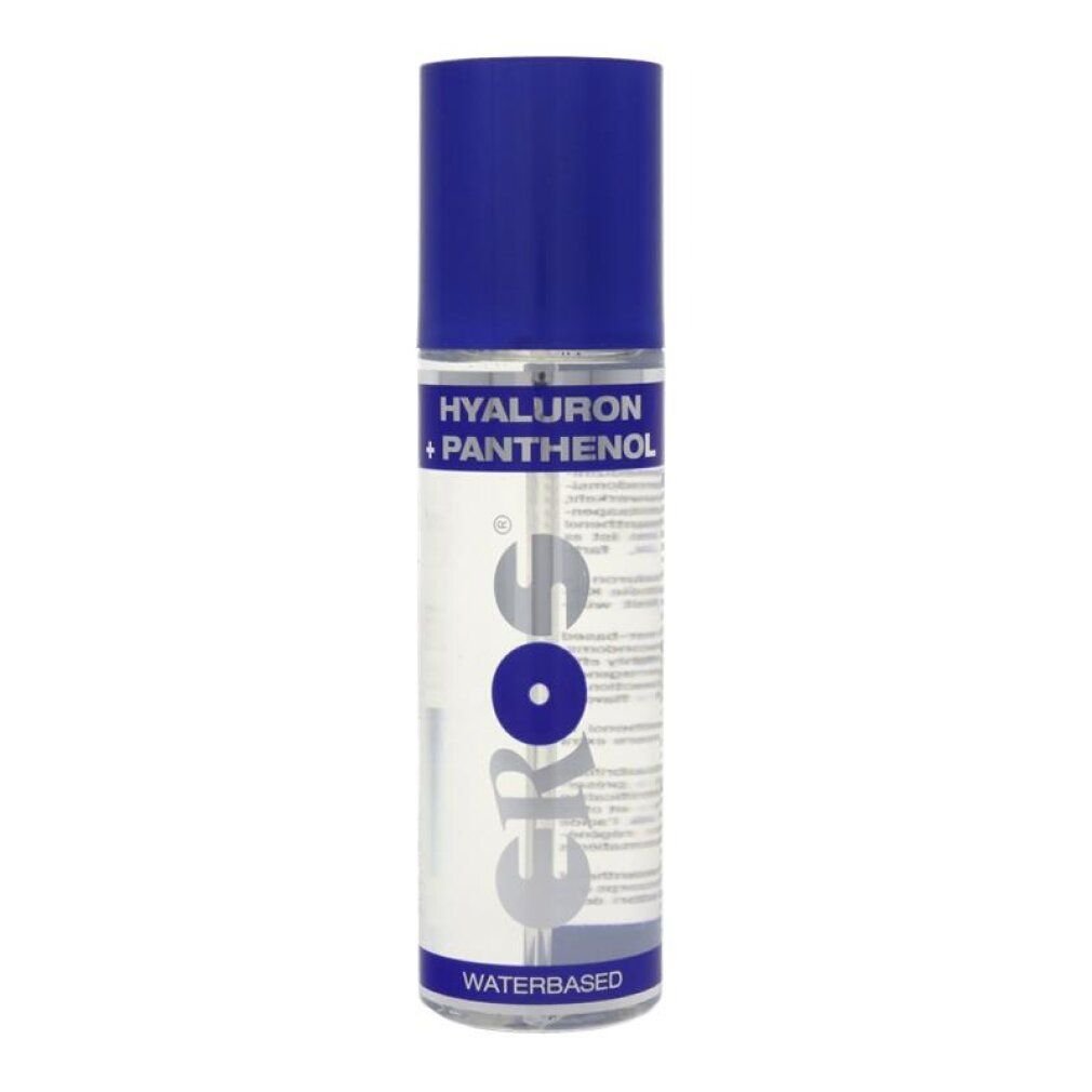 Eros Gleitgel Hyaluron & Panthenol, wasserbasiert, in transparenter Flasche mit blauem Pumpspender.