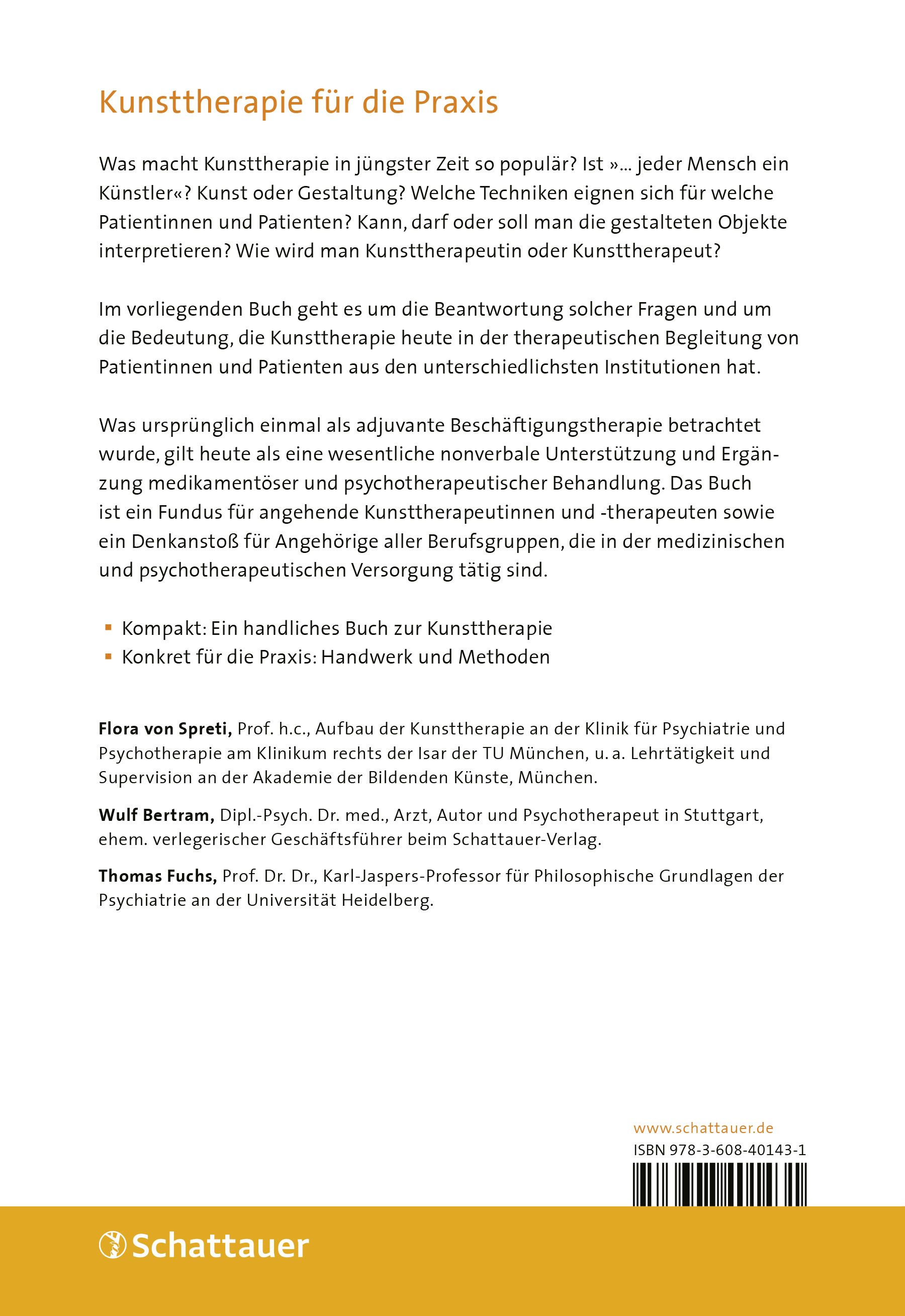 Rückseite des Buches "Kunsttherapie kompakt". Text, Autorennamen, Verlag Schattauer, ISBN-Code.