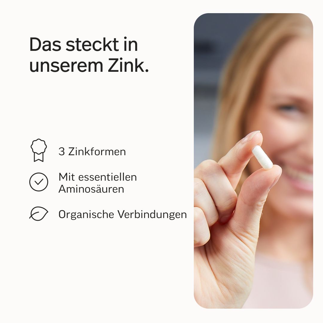 Frau hält eine Kapsel. Text: 3 Zinkformen, Mit essentiellen Aminosäuren, Organische Verbindungen.