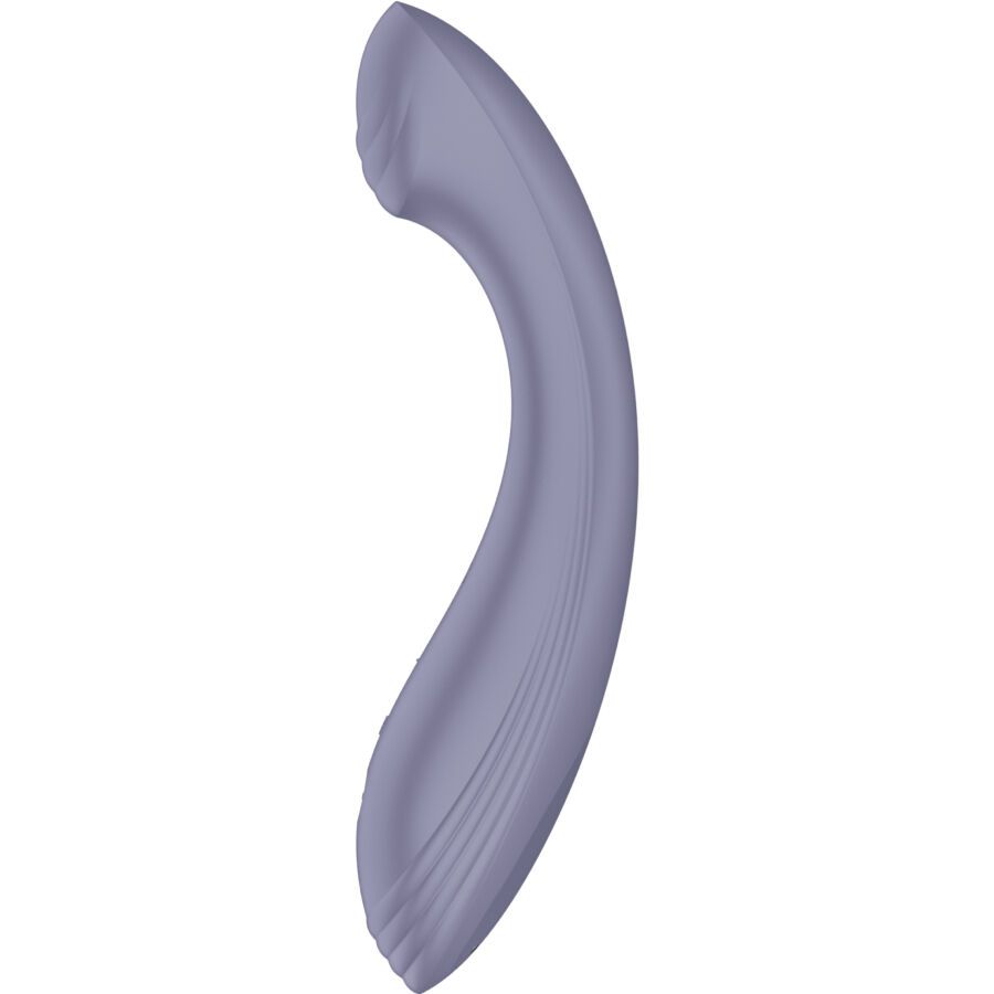 Lila Vibrator mit gebogener Form. Geriffelte Oberfläche am unteren Ende. Glatte Oberfläche.